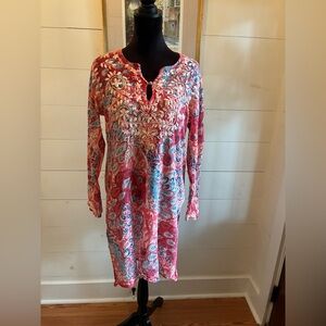 Raj Embroidered Paisley Cotton Tunic Dress - Boho Beach Cover-Up XL.  C20